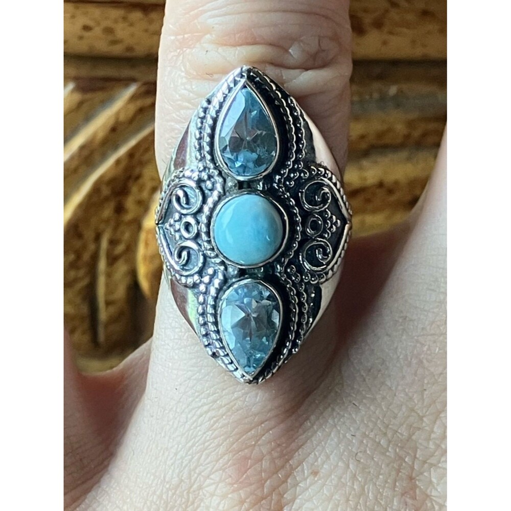 Natural Sky Blue Topaz Larimar Sterling Silver Ring Size 5.75